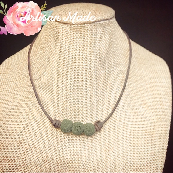 Hand Crafted Jewelry - NEW Leather Green Lava Bead Essential Oil Choker